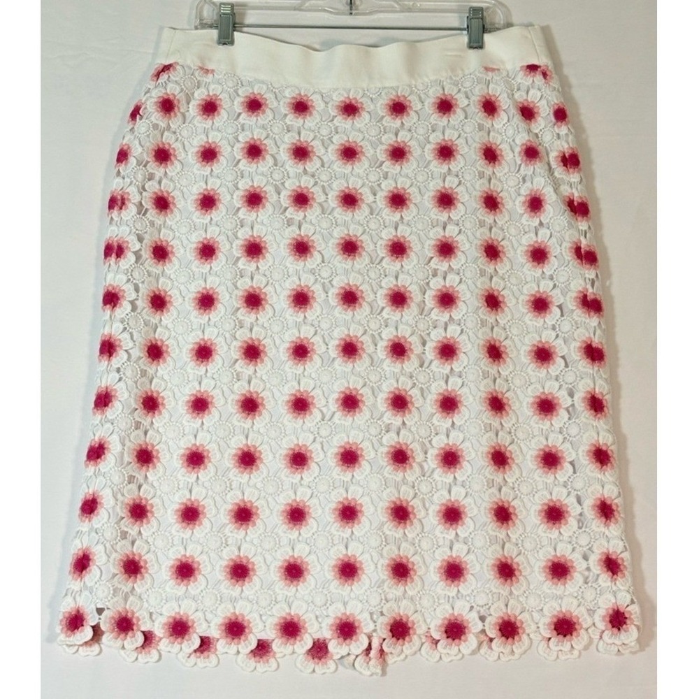 J. Crew White Lace Pencil Skirt with Pink Daisy Embroidery Size 14 NWT